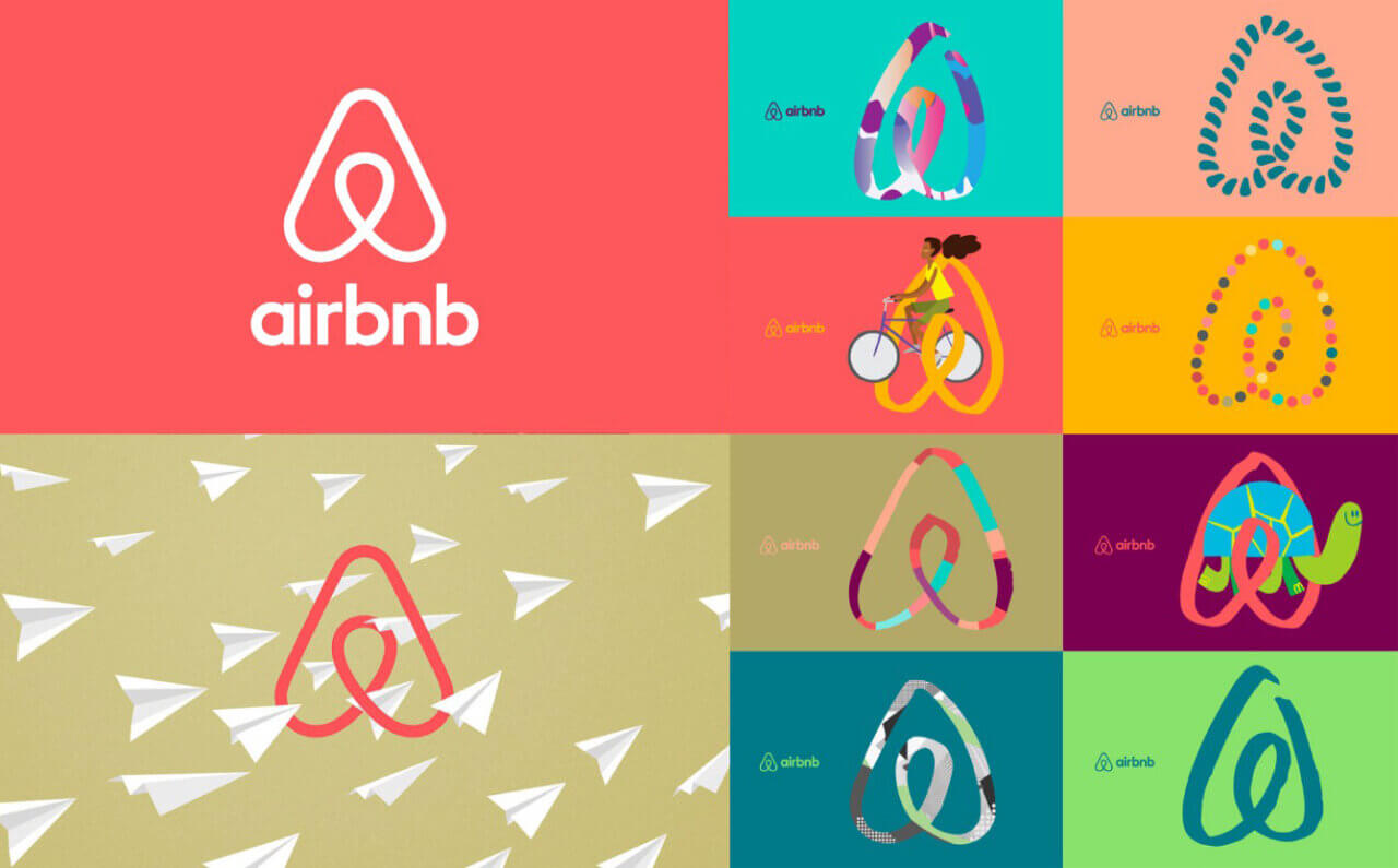 Ukázka použití symbolu Airbnb v identitě značky